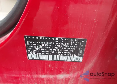 2012 Volkswagen Jetta 2.5L Se from USA, damaged, VIN 3VWDP7AJ7CM418924